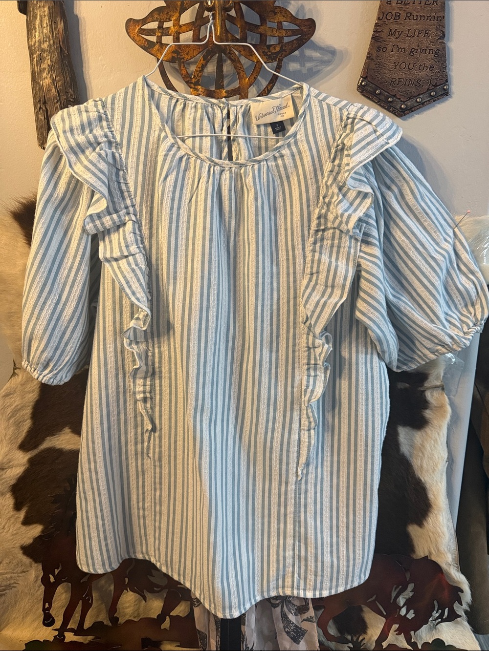 Universal Thread Blue and White Striped Ruffle-Sleeve Top